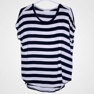 Rebel Society Womens Black White Striped Scoop Neck Curved Hem Top Large